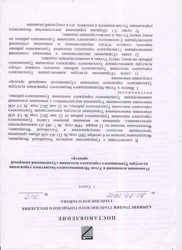 Постановление администрации о внесении изменений в Устав